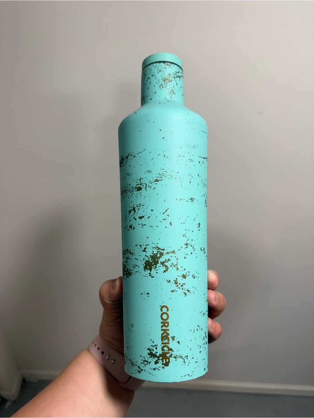 Corkcicle Aqua Bottle with Gold Fleck Pattern.